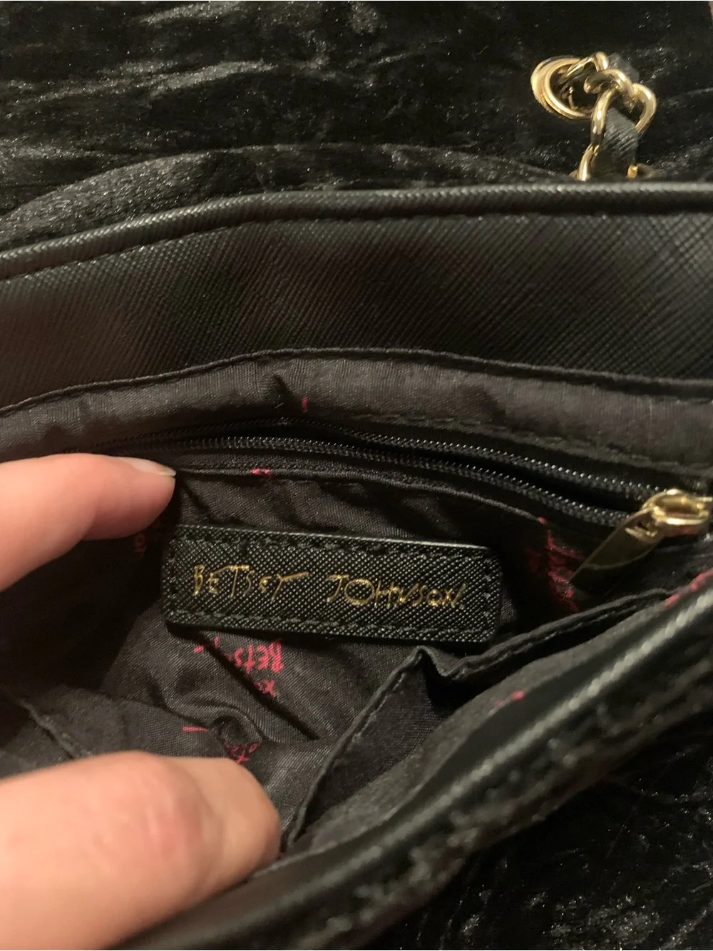 Betsey Johnson Black Quilted Velvet Crossbody with Coin Pouch and Gold Chain